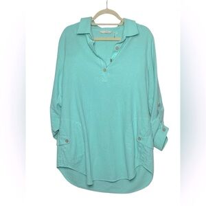 Soft‎ Surroundings Aqua Long Sleeves w/ Roll Tabs Pullover Top Shirt Size Medium